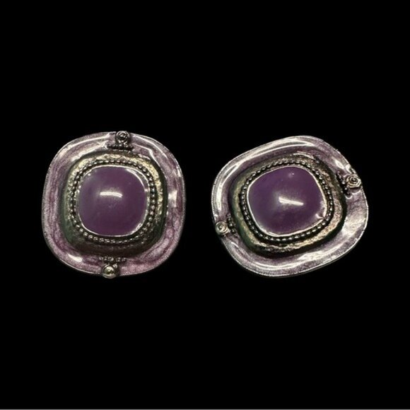 Vintage-Style Purple Enamel & Silver-Tone Clip-On Earrings With Textured Detaili - Picture 2 of 4